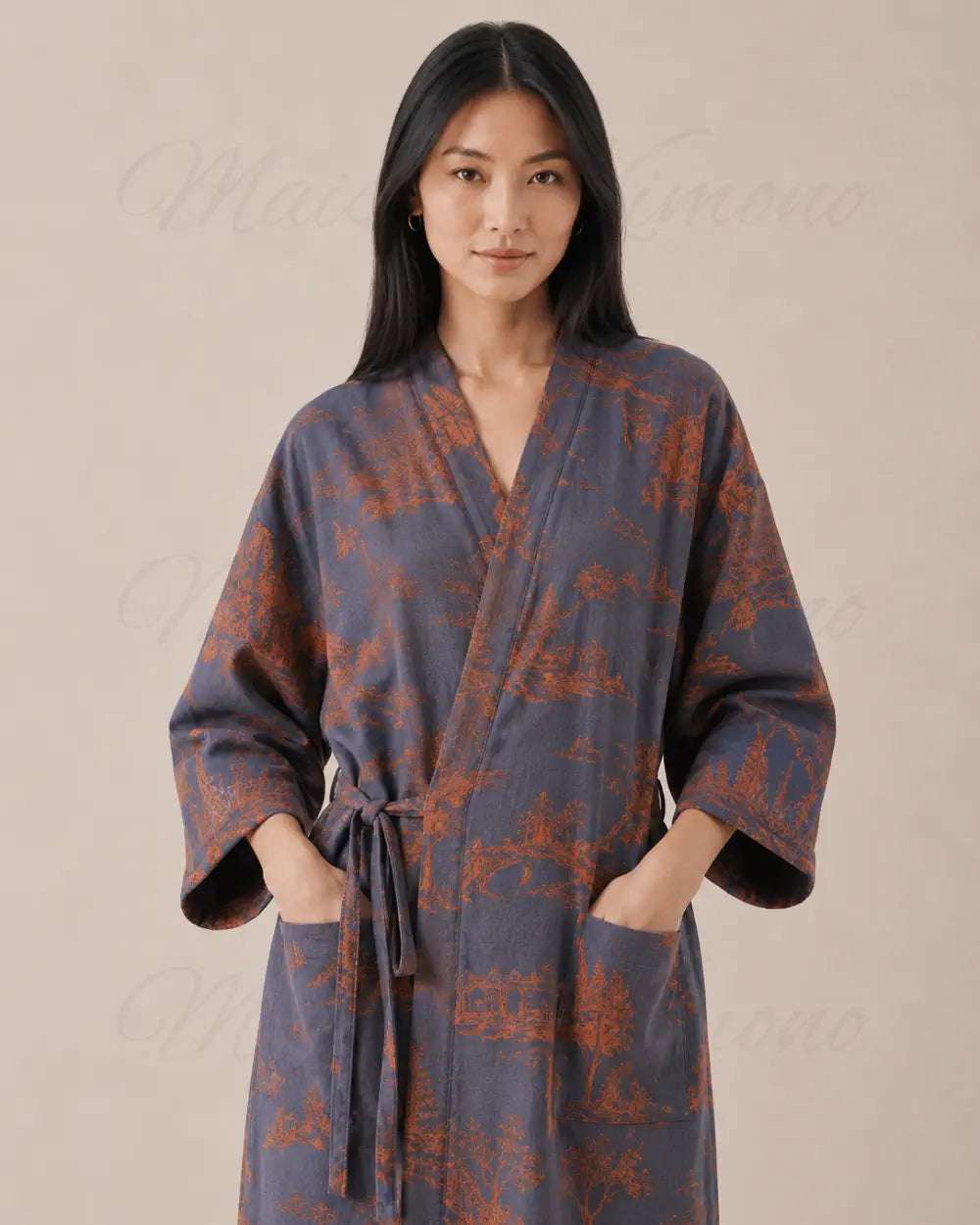 robe de chambre kimono femme bleu coton