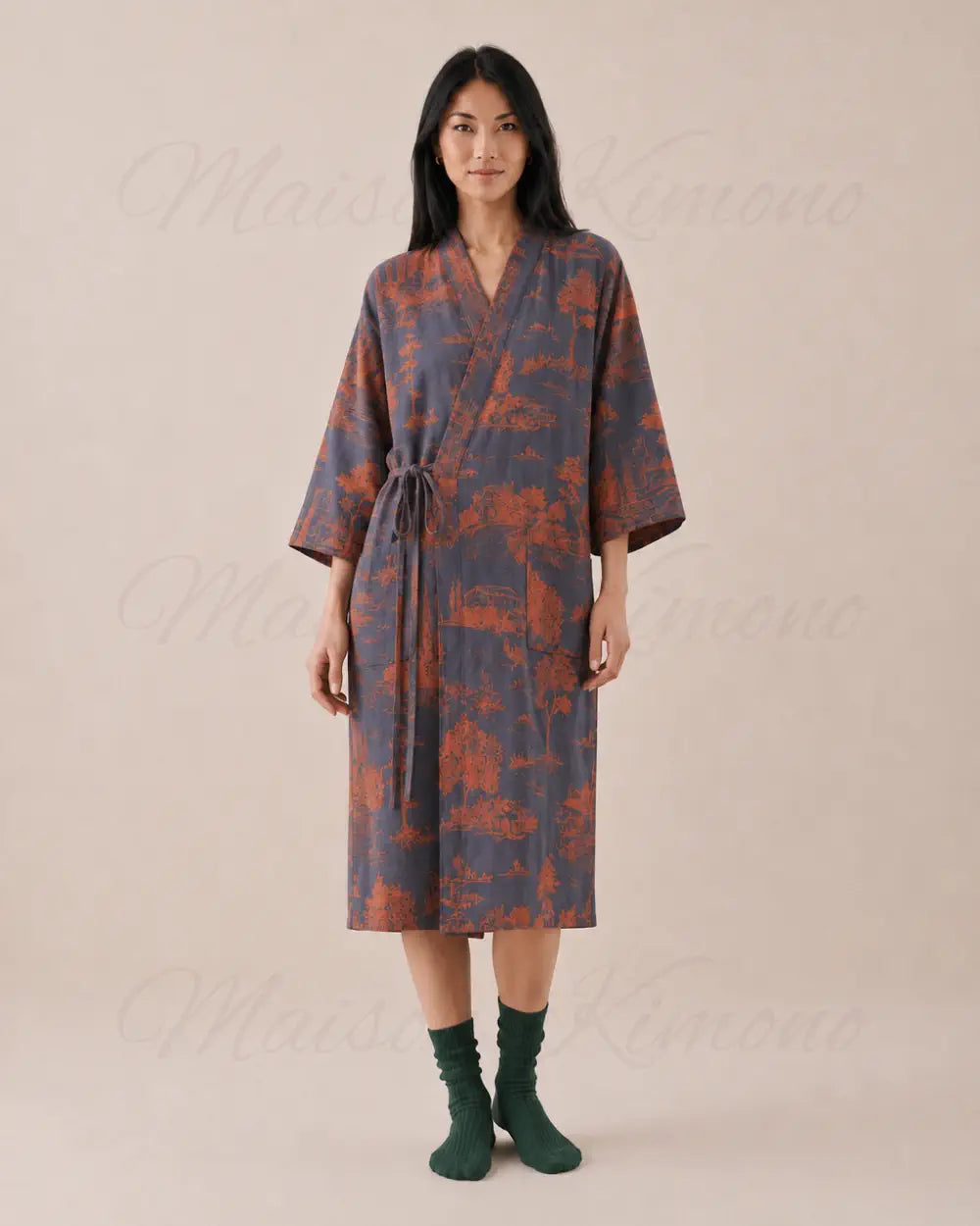 robe de chambre kimono femme bleu coton