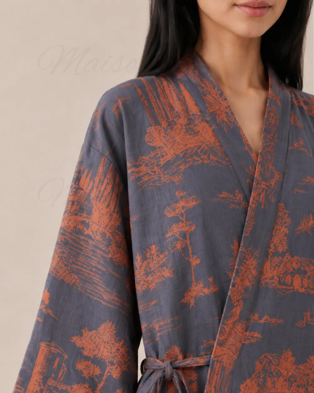 robe de chambre kimono femme bleu coton