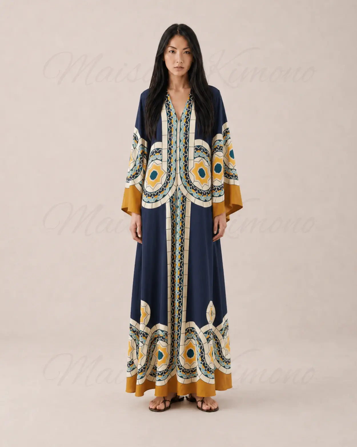 robe japonaise femme bleue motifs mosaïque reversible
