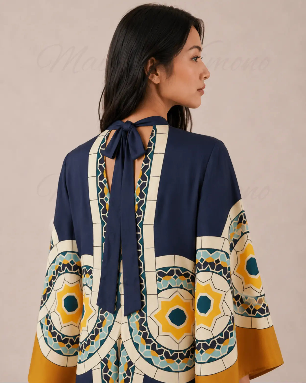 robe japonaise femme bleue motifs mosaïque reversible