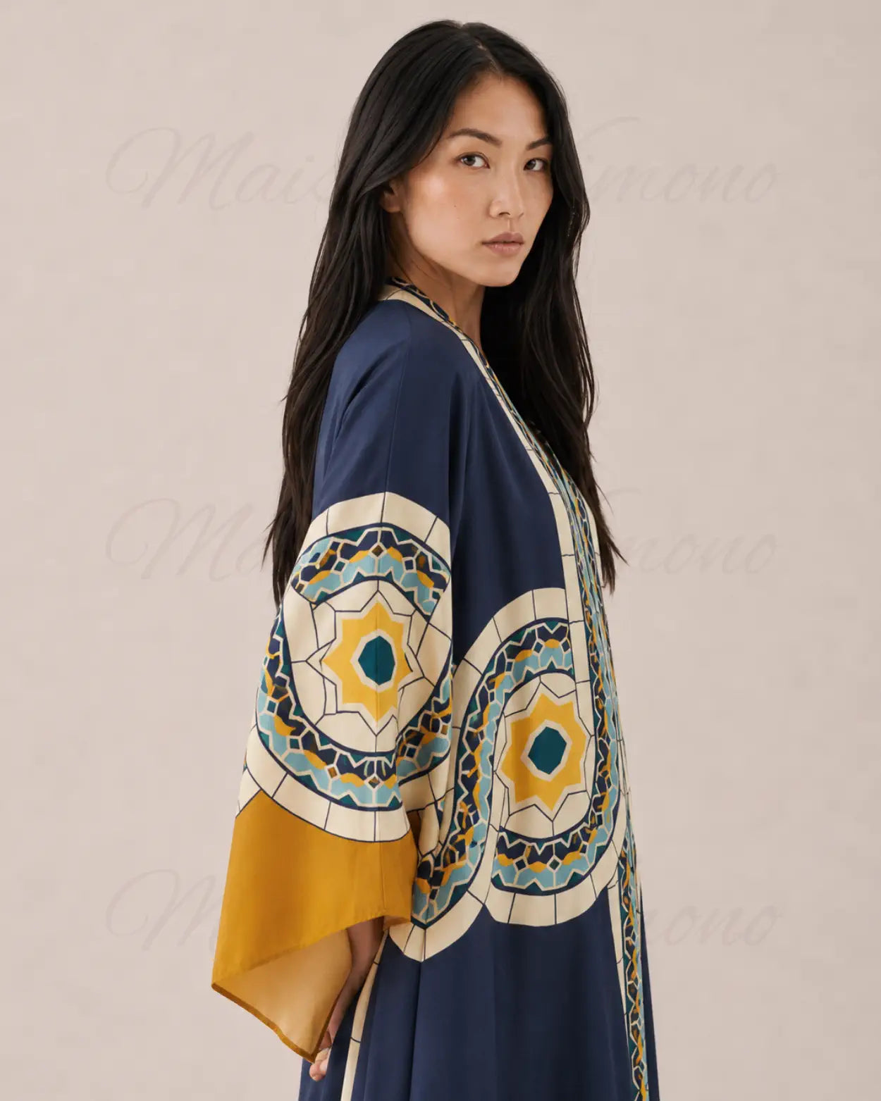 robe japonaise femme bleue motifs mosaïque reversible