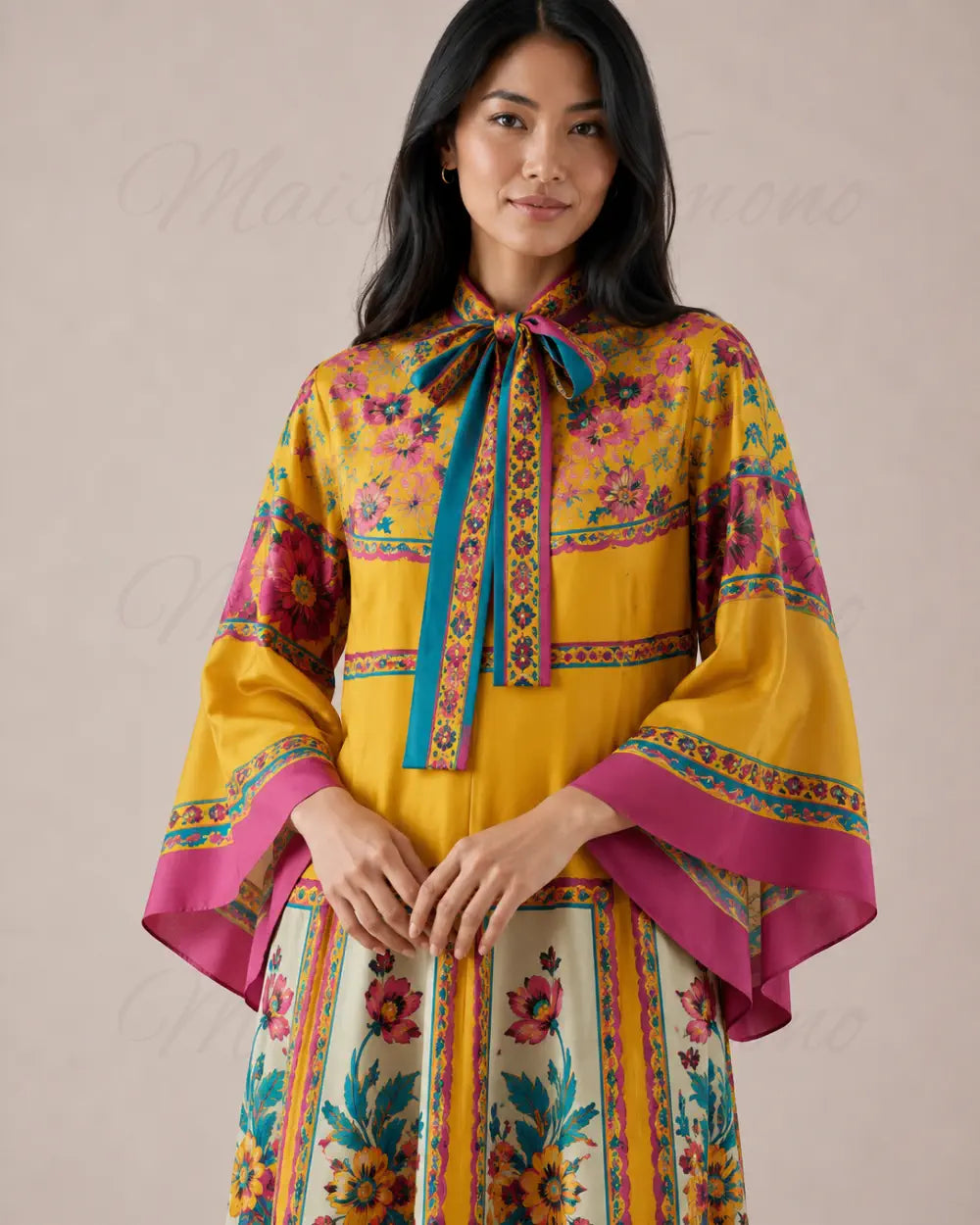 robe japonaise femme jaune fleurie reversible