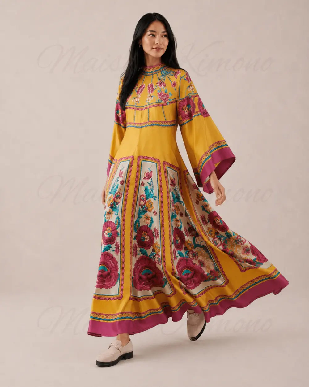 robe japonaise femme jaune fleurie reversible