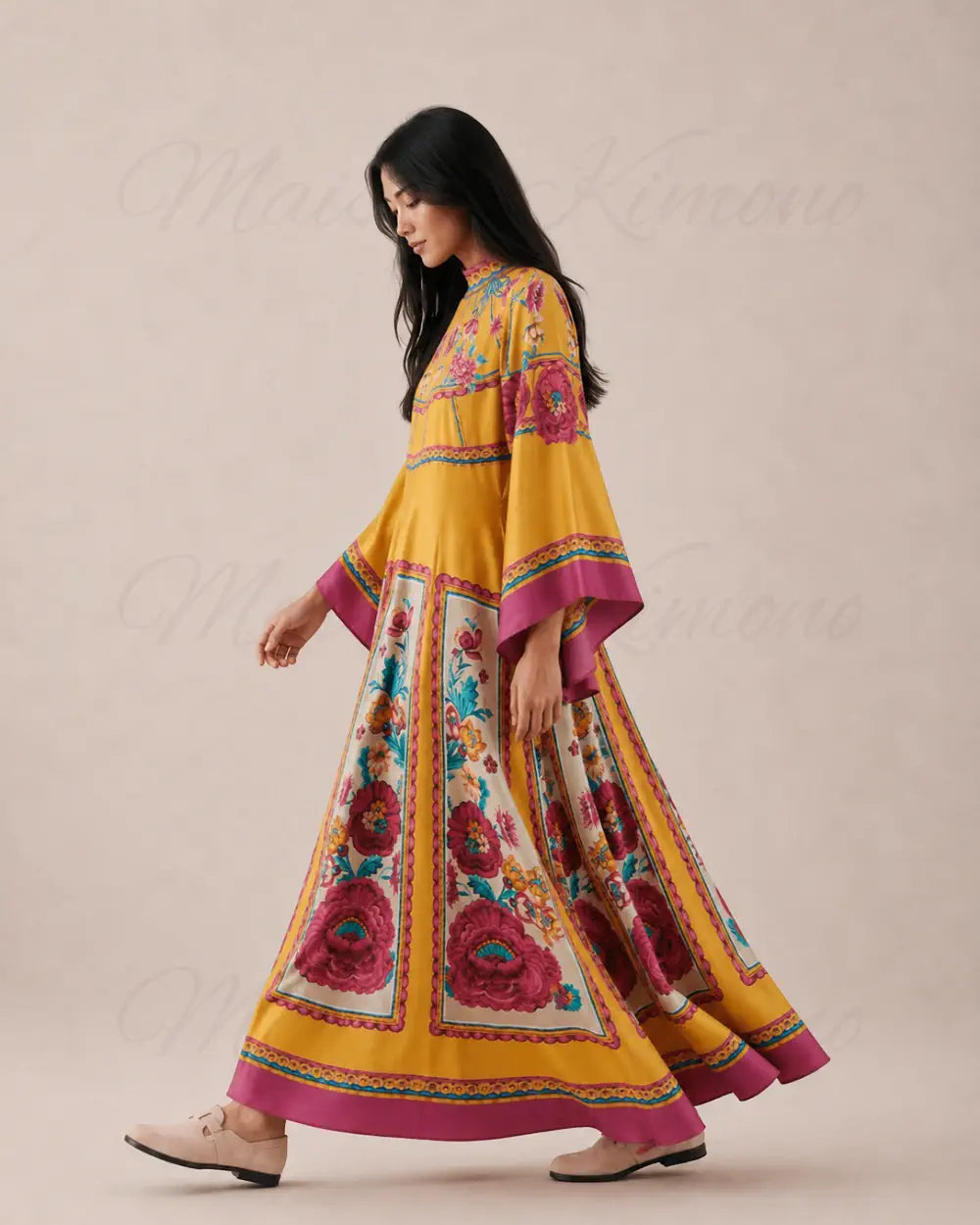 robe japonaise femme jaune fleurie reversible