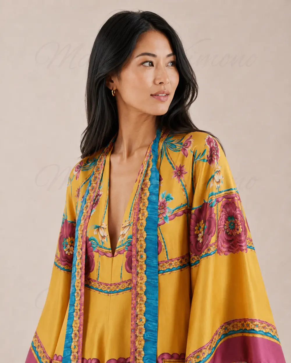 robe japonaise femme jaune fleurie reversible