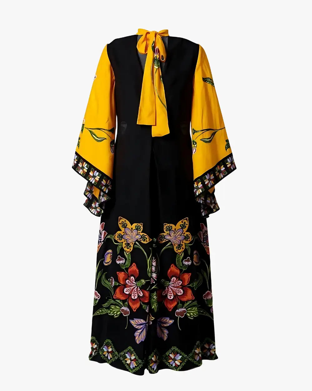 robe japonaise femme jaune noir fleuri