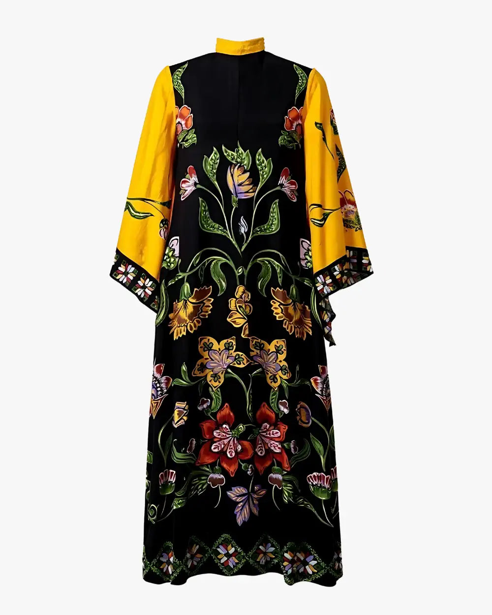 robe japonaise femme jaune noir fleuri