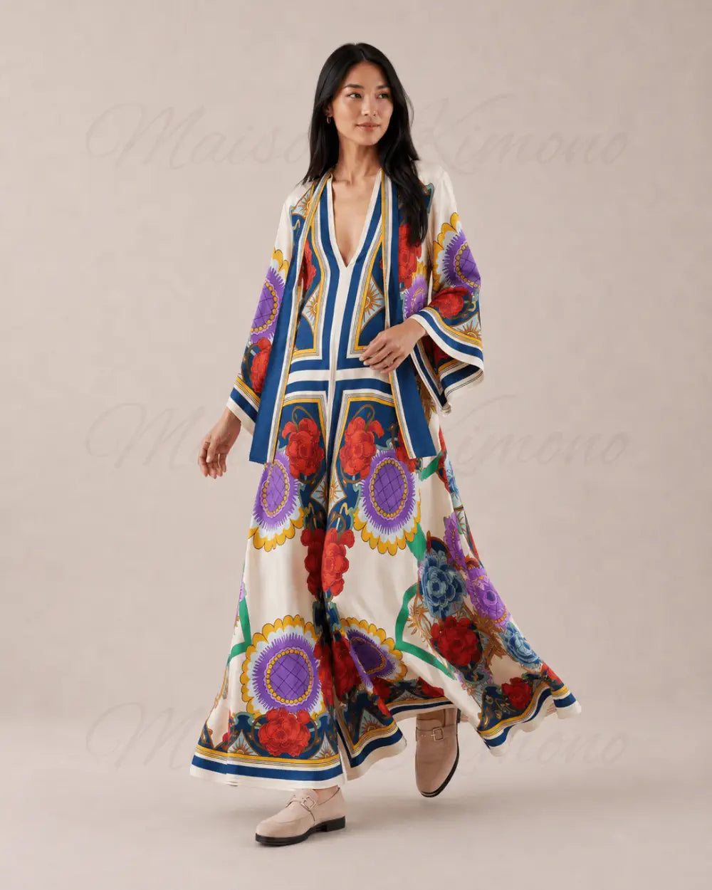 robe japonaise femme satinee fleuri reversible