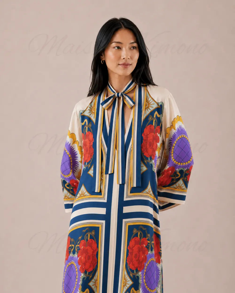 robe japonaise femme satinee fleuri reversible