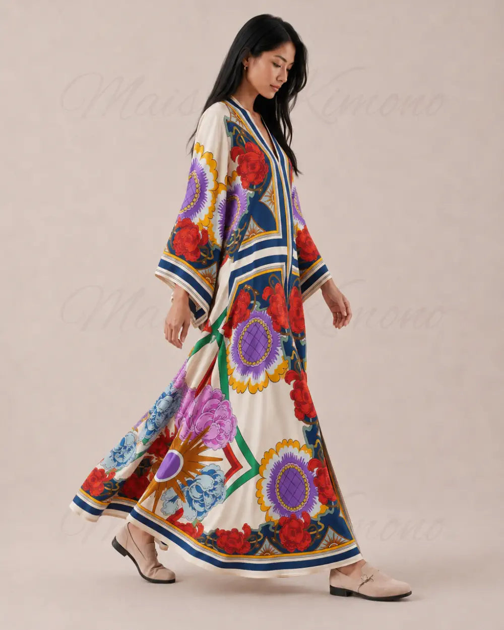 robe japonaise femme satinee fleuri reversible