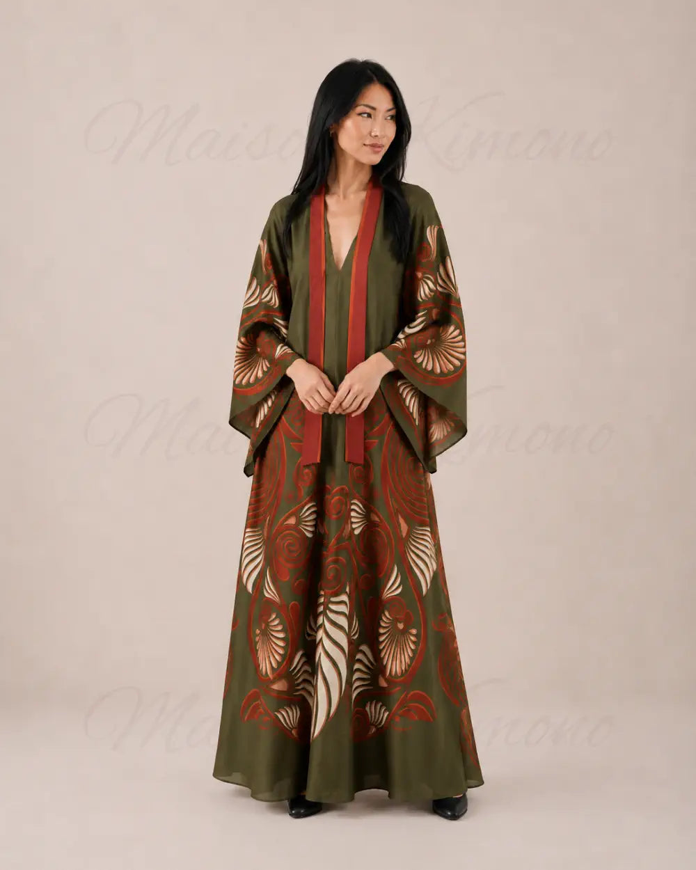 robe japonaise longue verte rouge chic