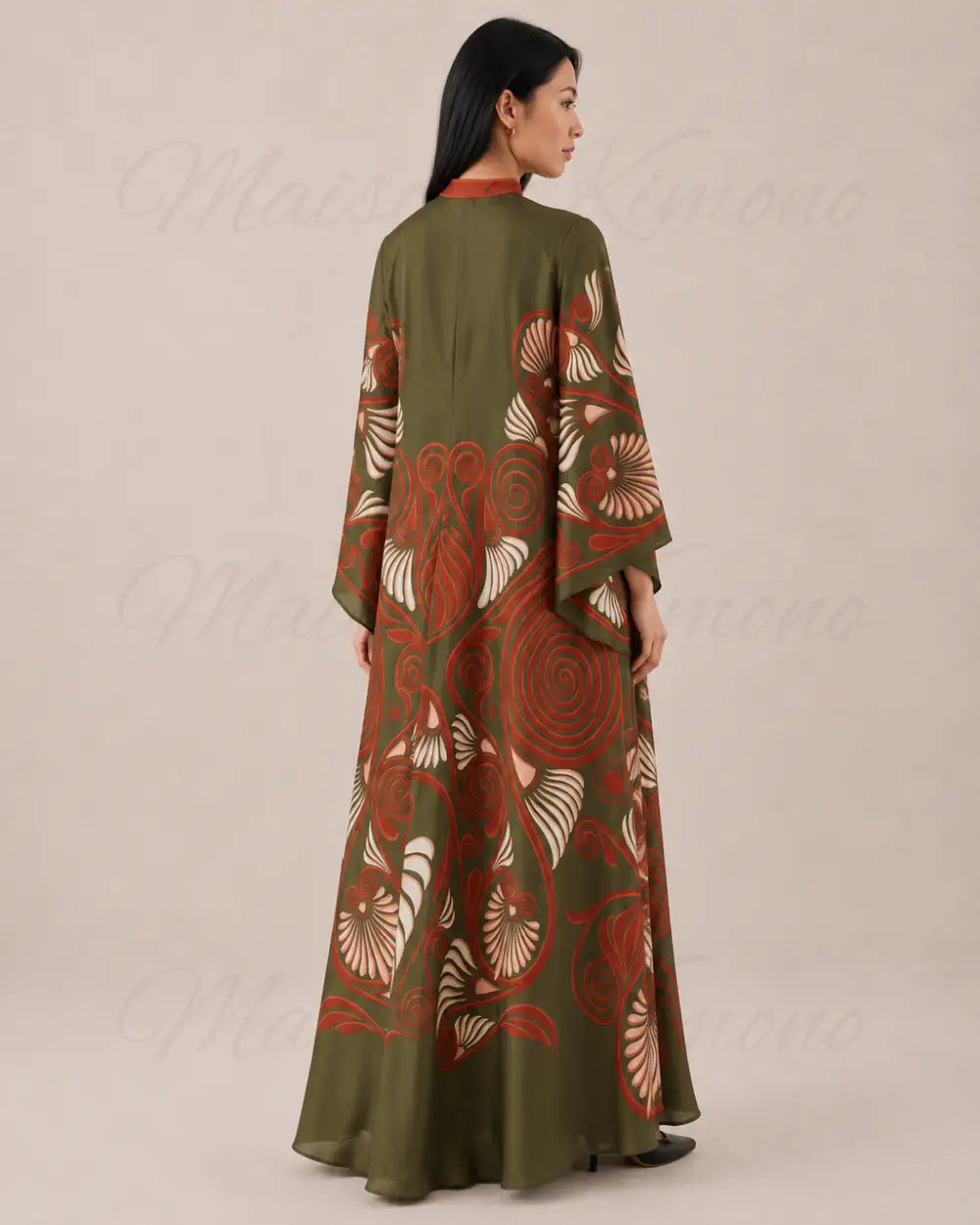 robe japonaise longue verte rouge chic