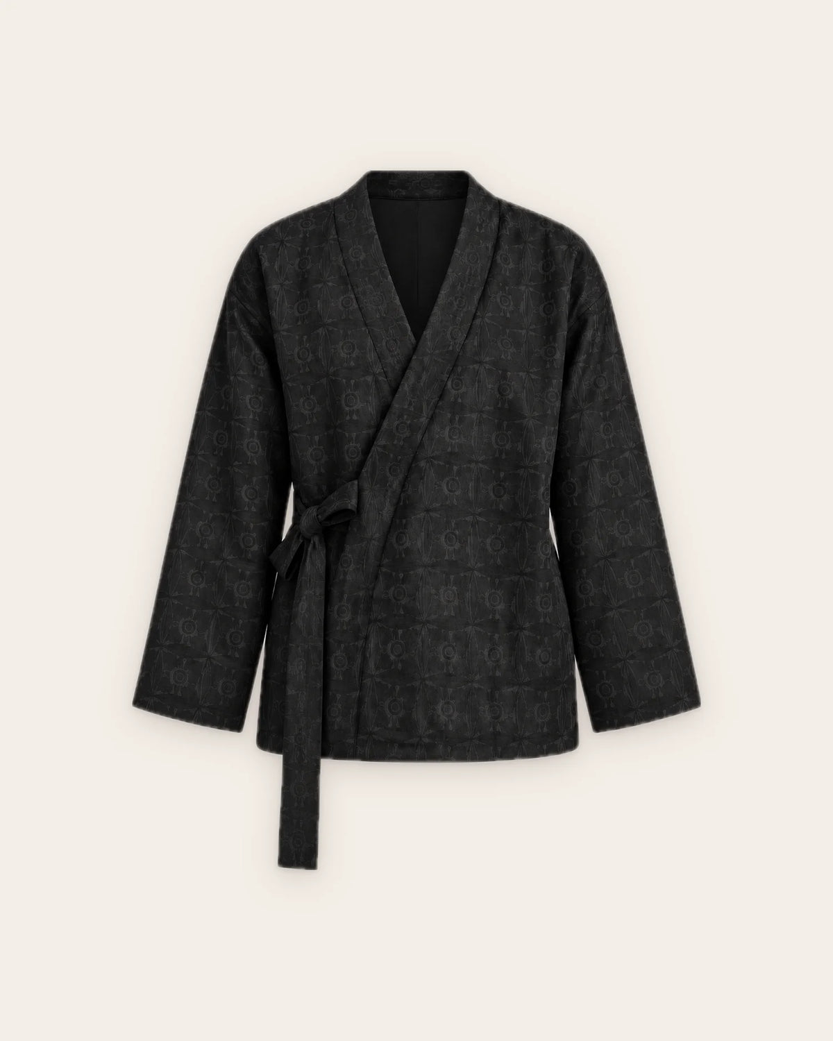 veste kimono cache-cœur femme noire jacquard ceinturée
