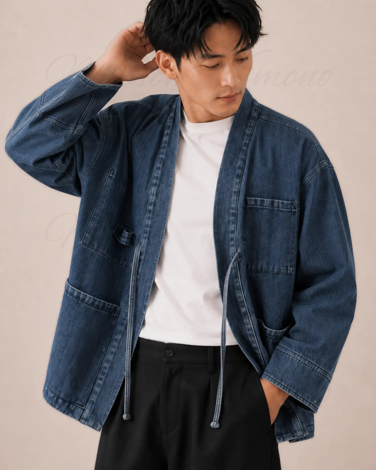 veste kimono denim homme bleu coton