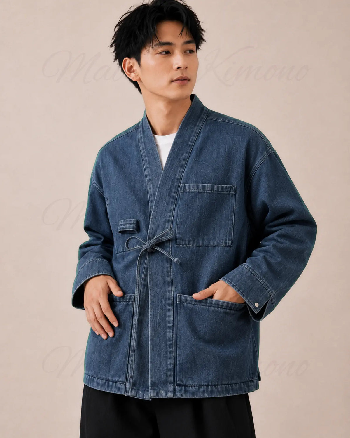 veste kimono denim homme bleu coton