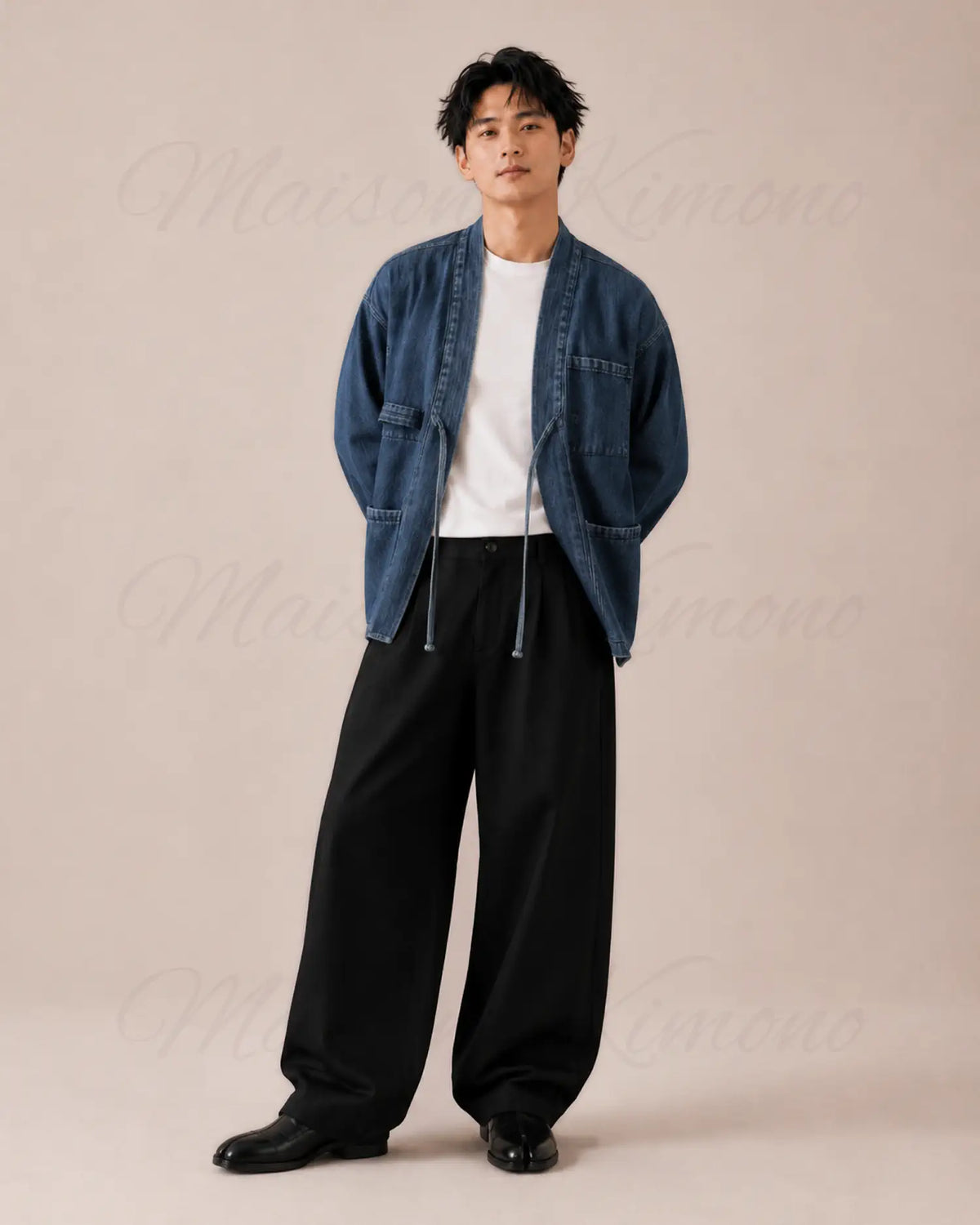 veste kimono denim homme bleu coton