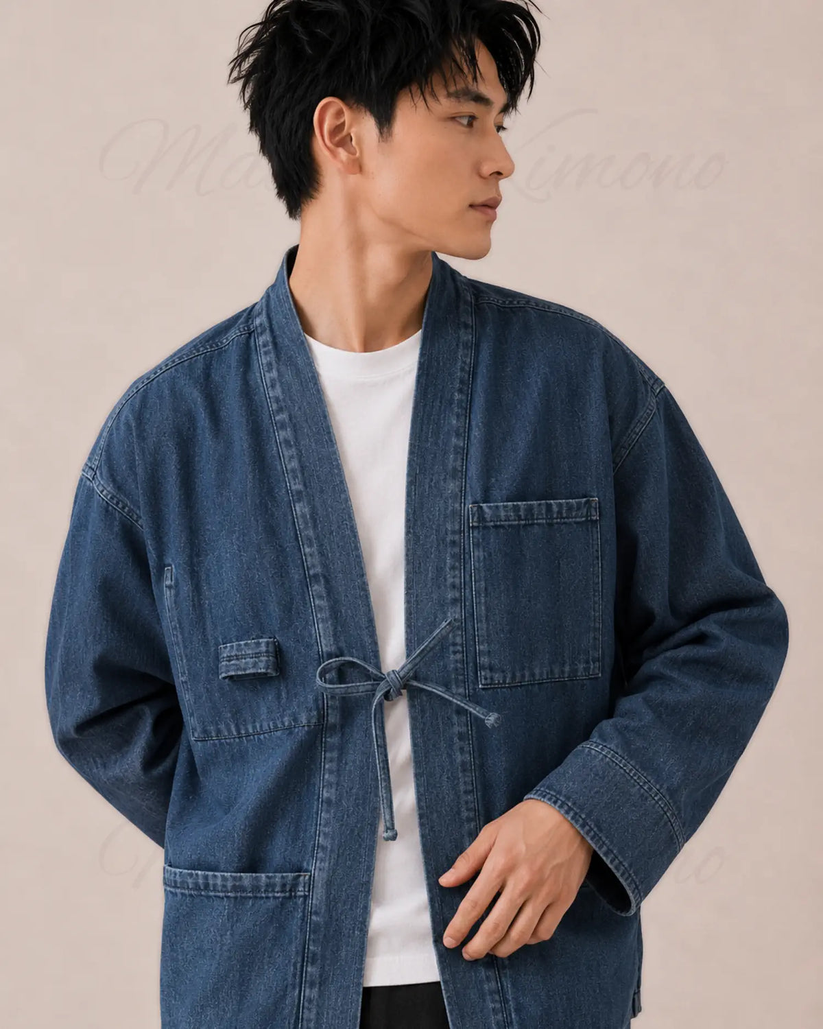 veste kimono denim homme bleu coton