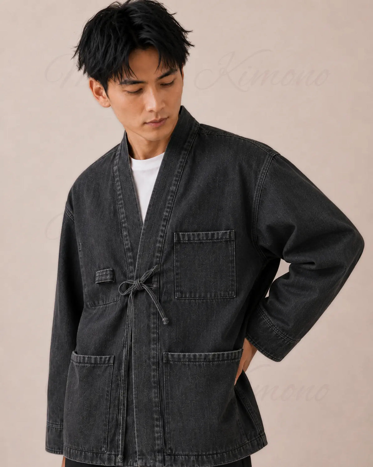 veste kimono denim homme noir coton
