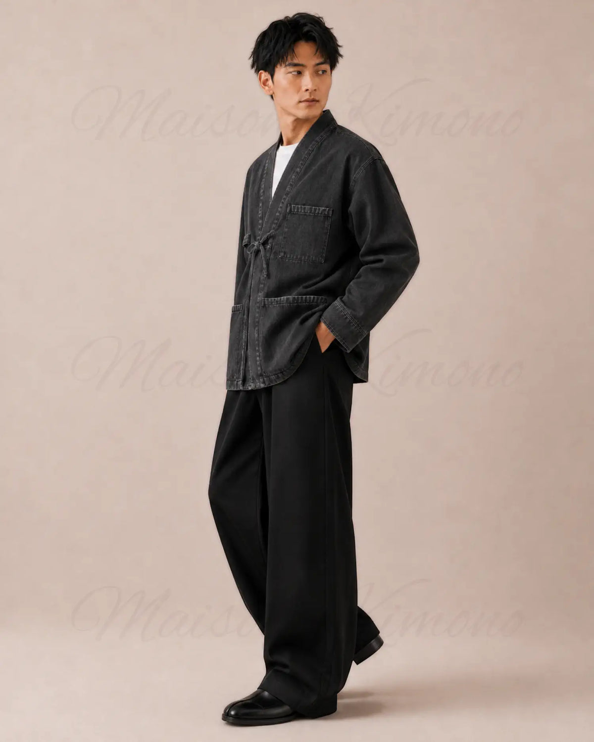 veste kimono denim homme noir coton
