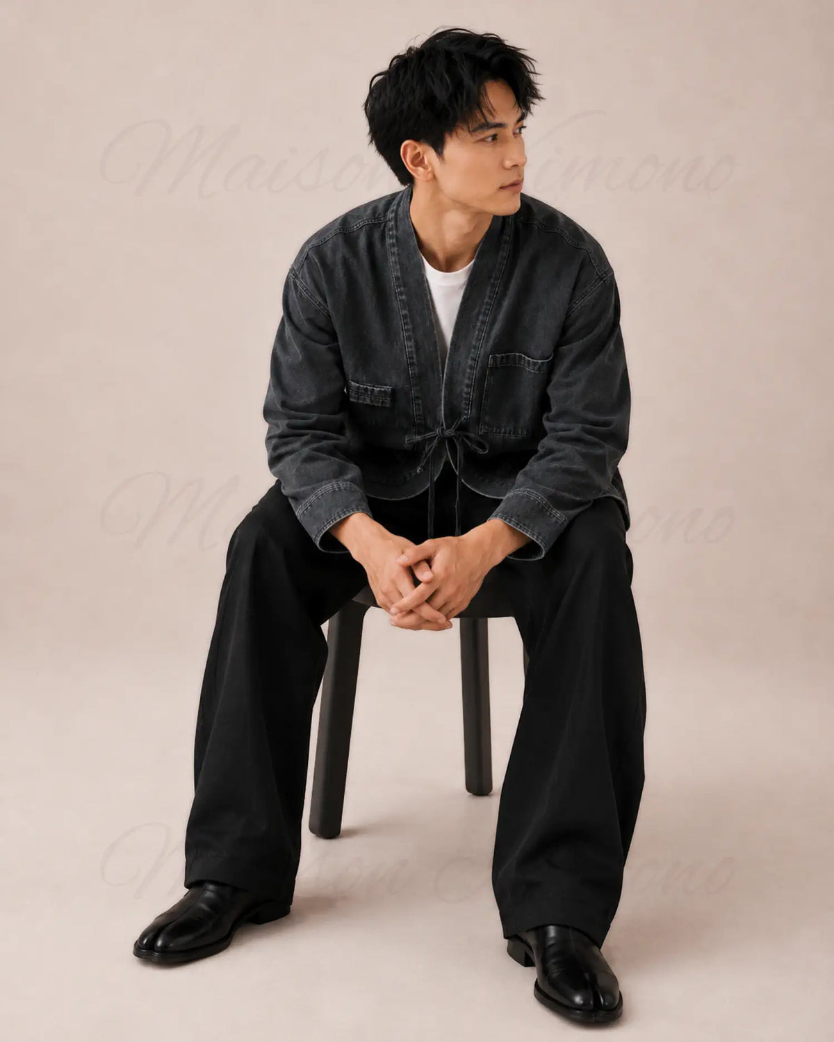veste kimono denim homme noir coton