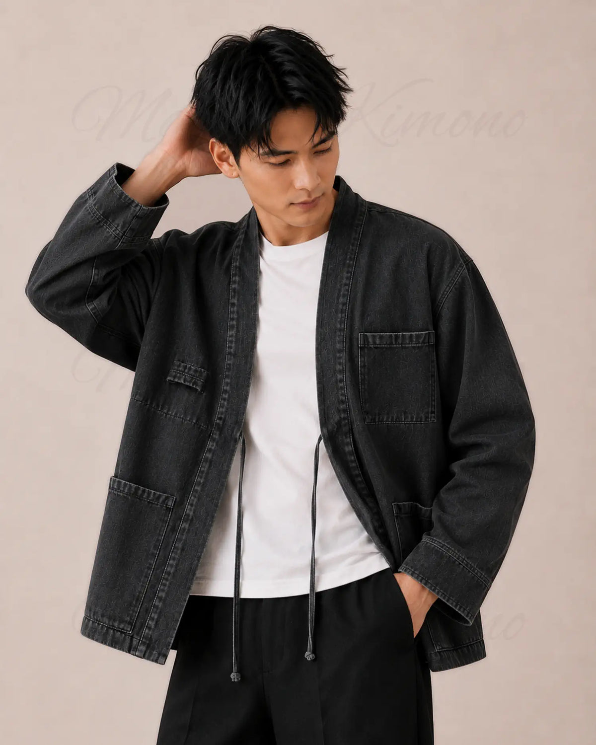 veste kimono denim homme noir coton