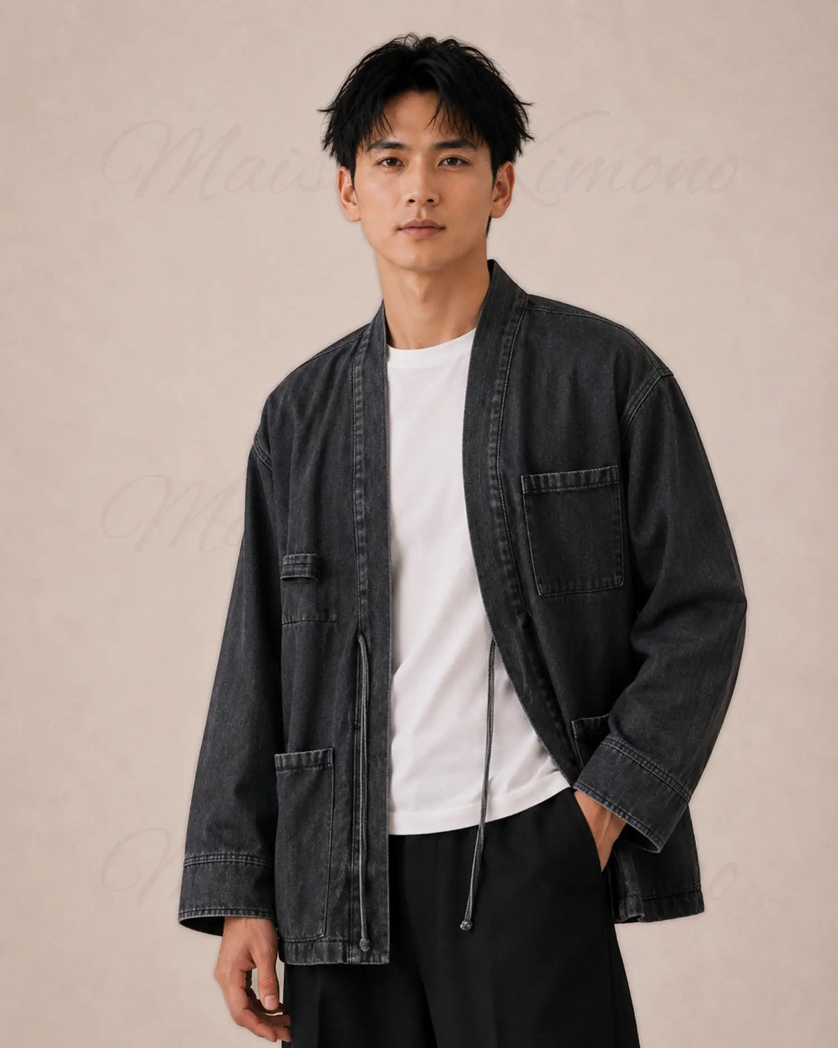 veste kimono denim homme noir coton