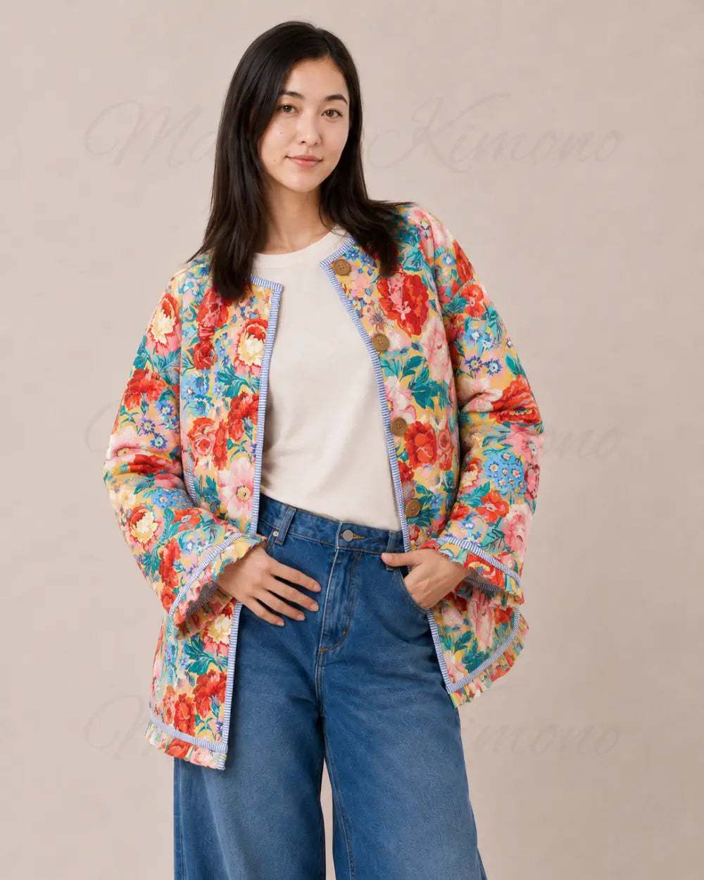 veste kimono femme fleuri matelassee