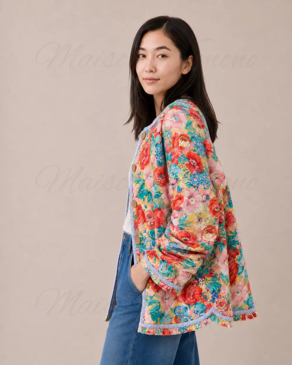 veste kimono femme fleuri matelassee