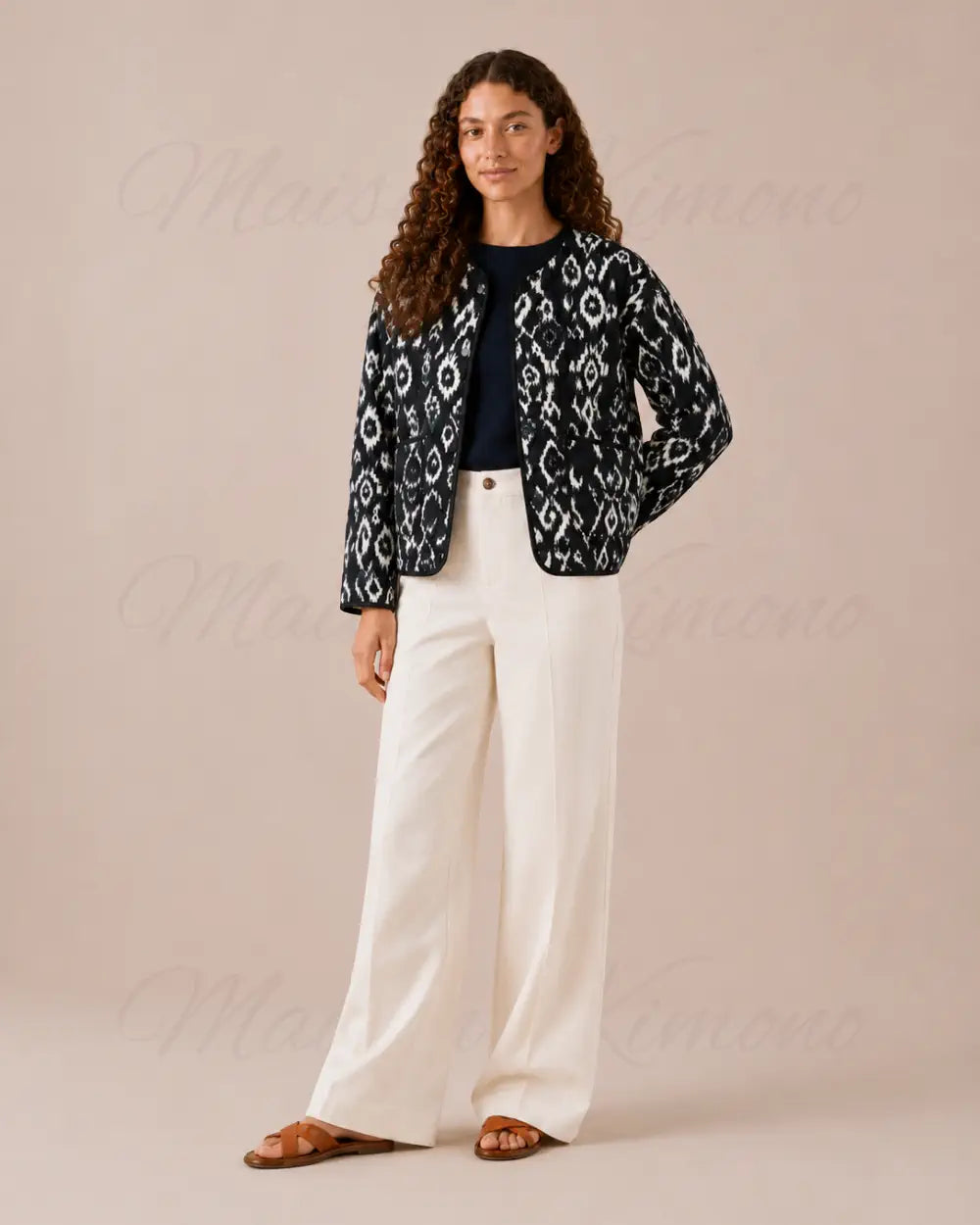 veste kimono femme noir blanc matelassee