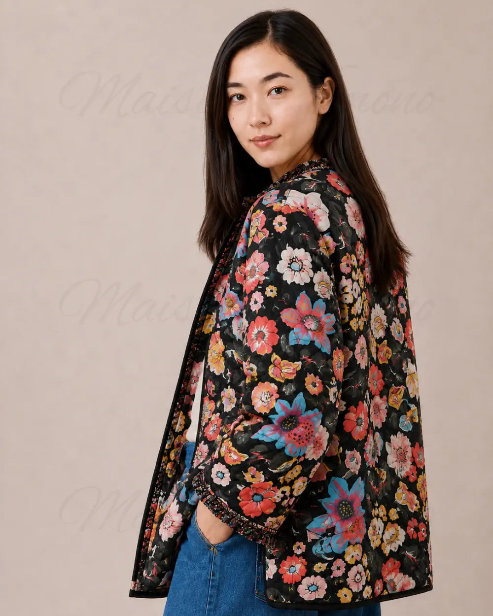 veste kimono femme noir fleuri matelassee