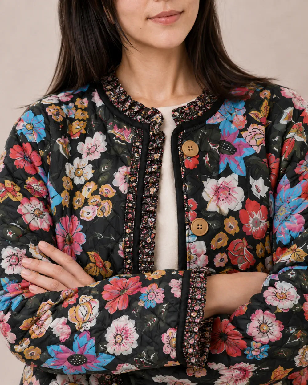 veste kimono femme noir fleuri matelassee