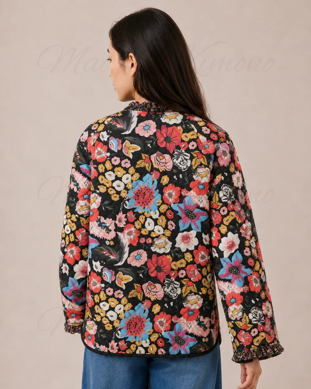 veste kimono femme noir fleuri matelassee