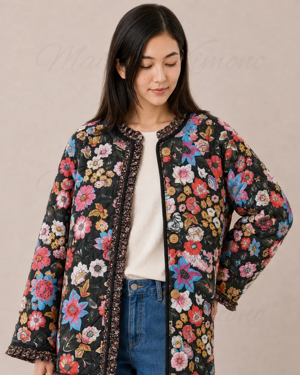 veste kimono femme noir fleuri matelassee