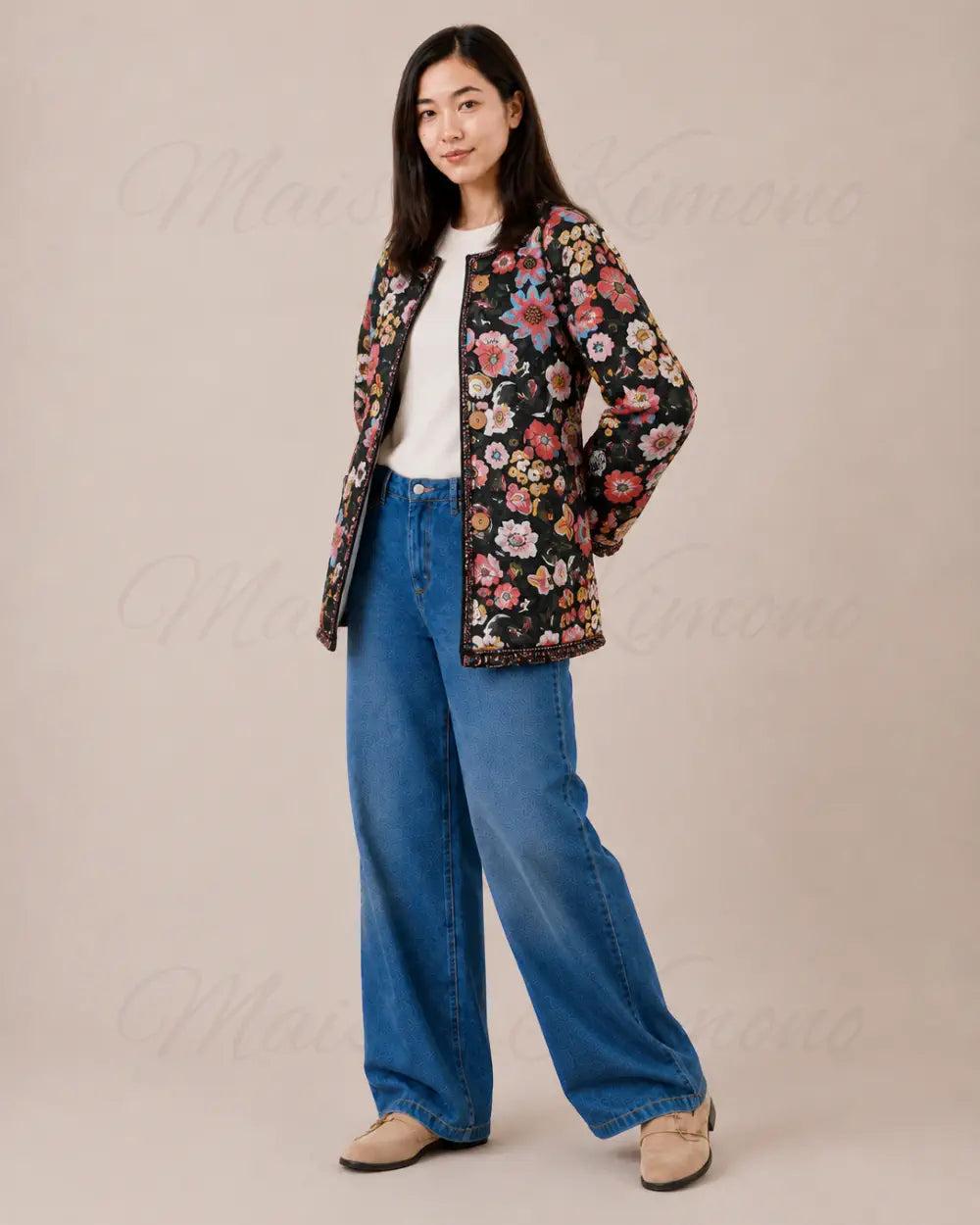 veste kimono femme noir fleuri matelassee
