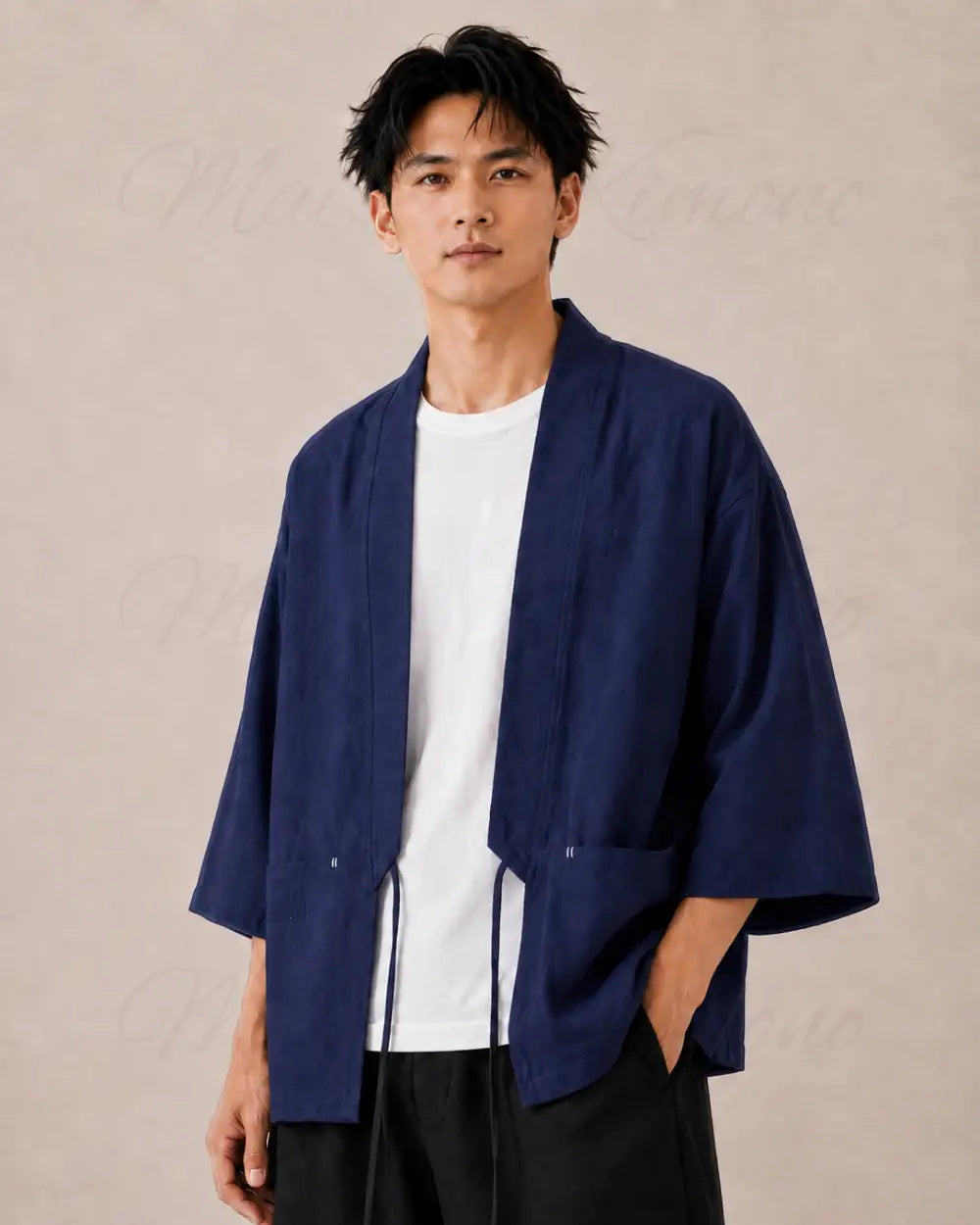 veste kimono lin homme bleu japonais