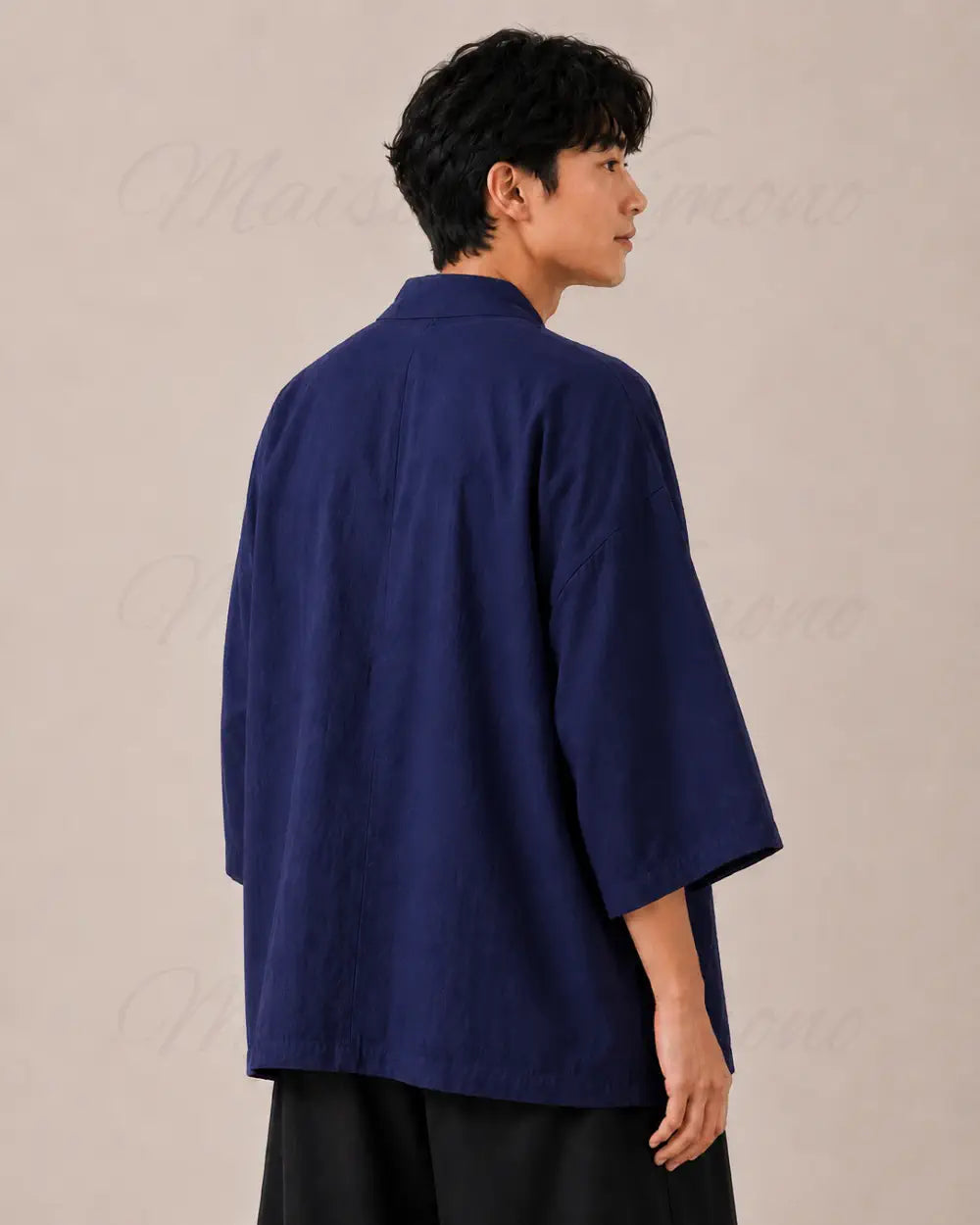 veste kimono lin homme bleu japonais