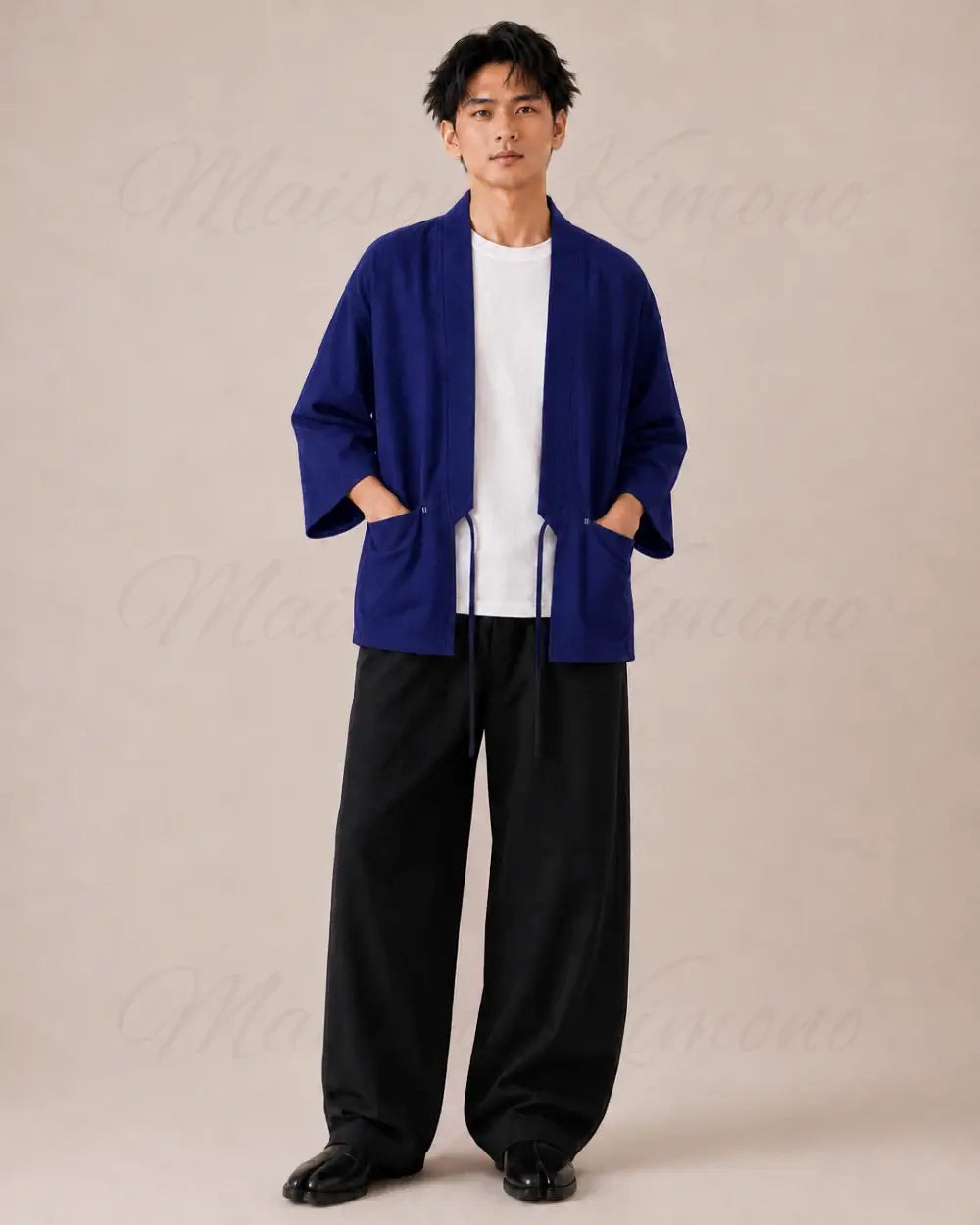 veste kimono lin homme bleu japonais