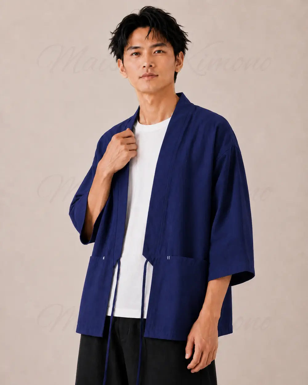 veste kimono lin homme bleu japonais