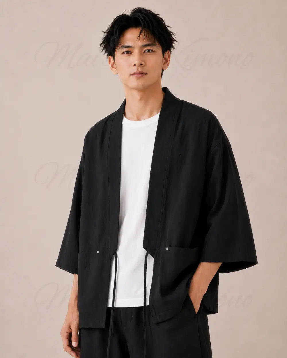 veste kimono lin homme noir japonais
