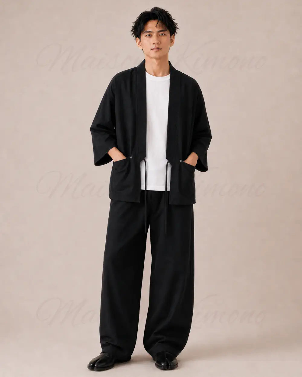 veste kimono lin homme noir japonais