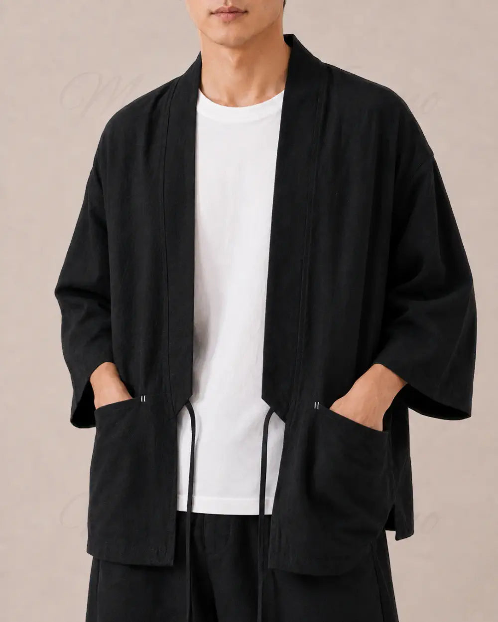 veste kimono lin homme noir japonais