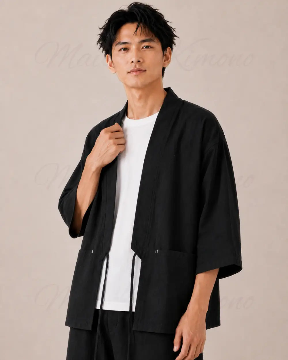 veste kimono lin homme noir japonais