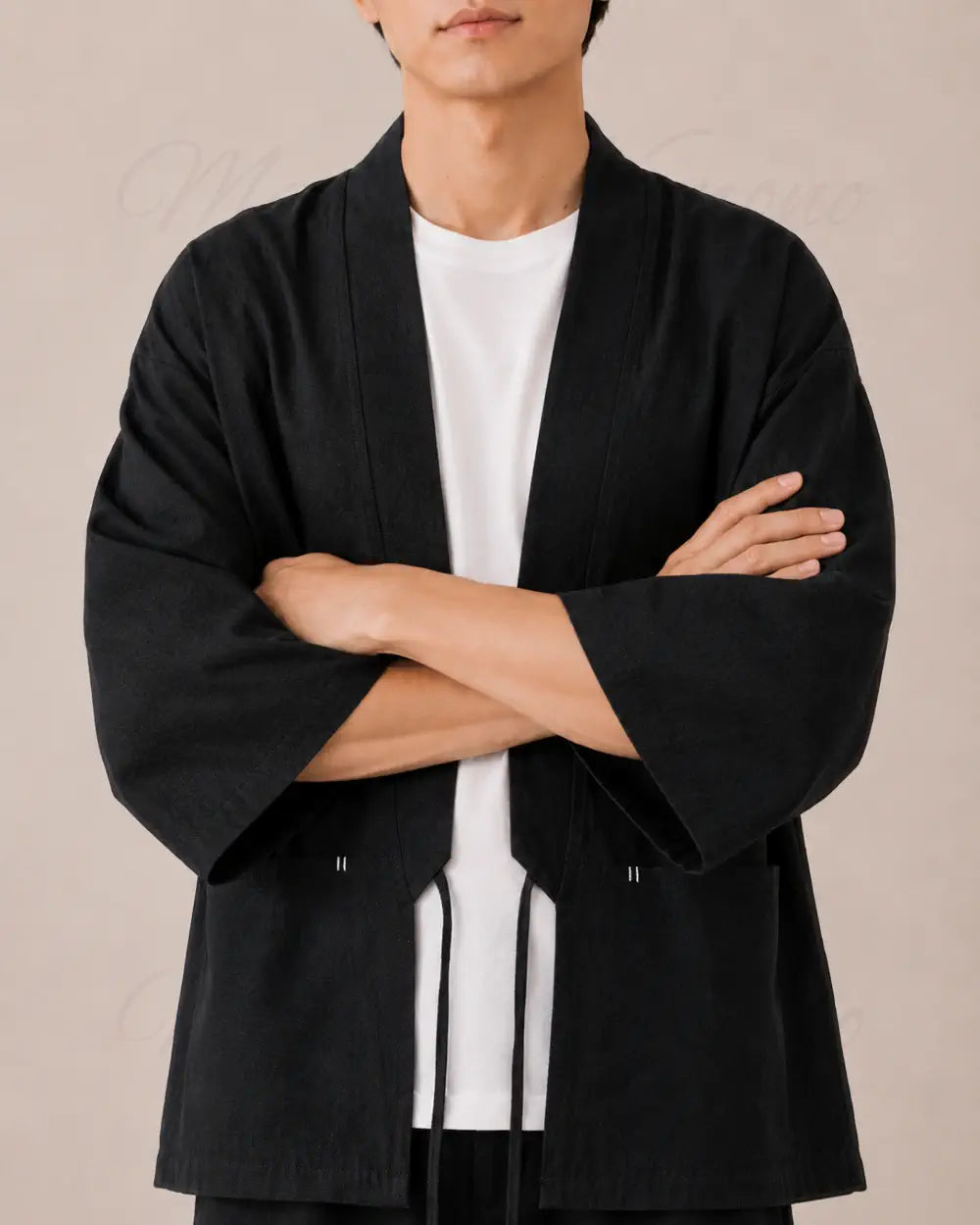 veste kimono lin homme noir japonais