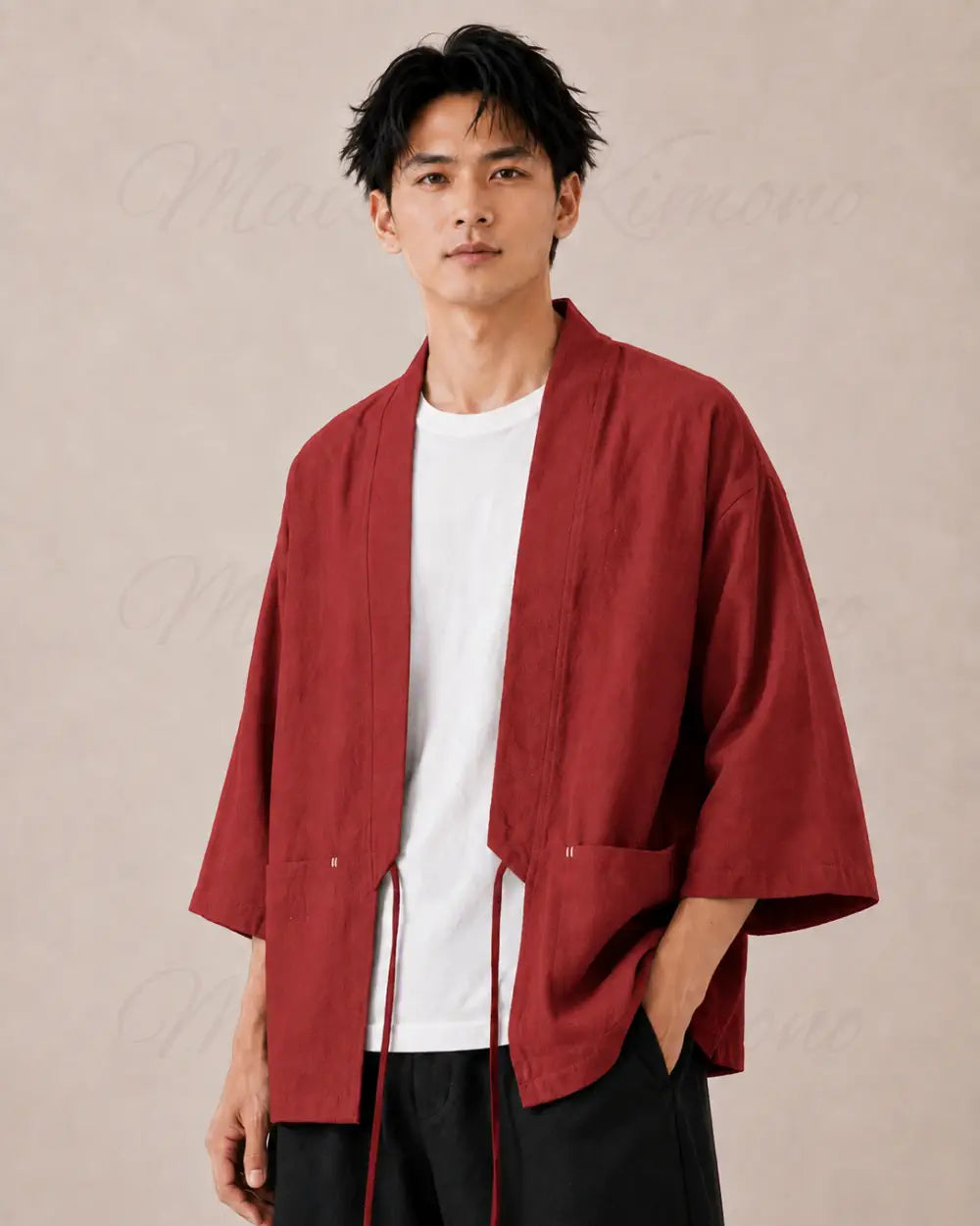 veste kimono lin homme rouge japonais