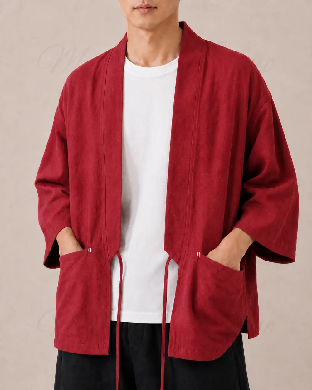 veste kimono lin homme rouge japonais