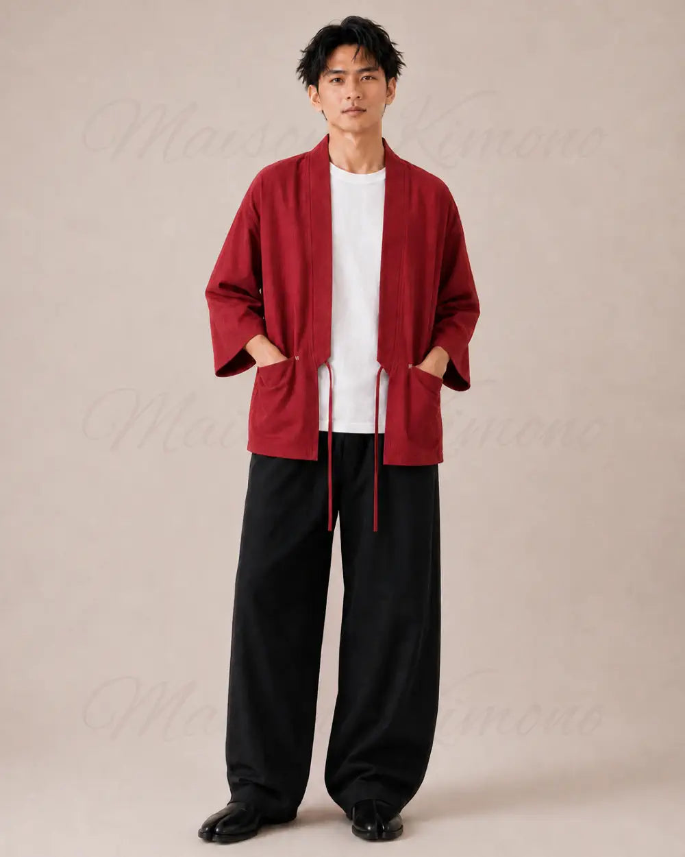 veste kimono lin homme rouge japonais