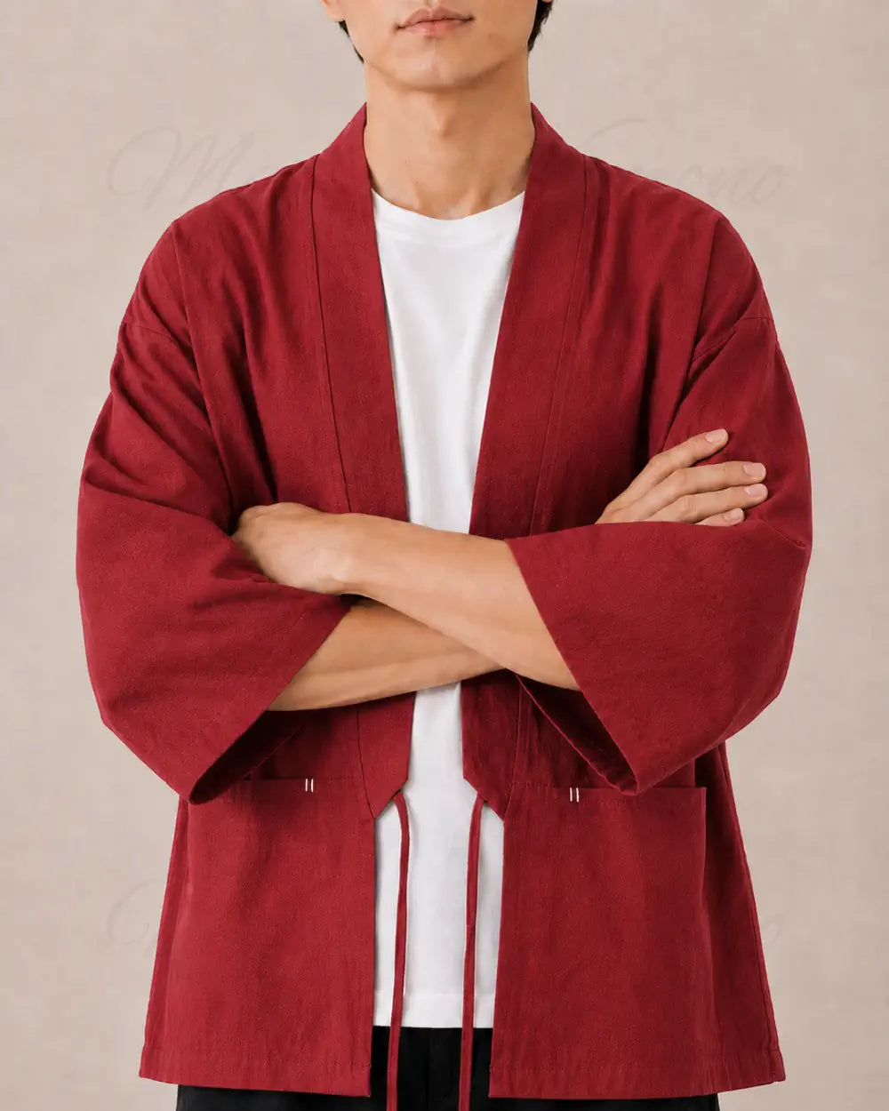 veste kimono lin homme rouge japonais