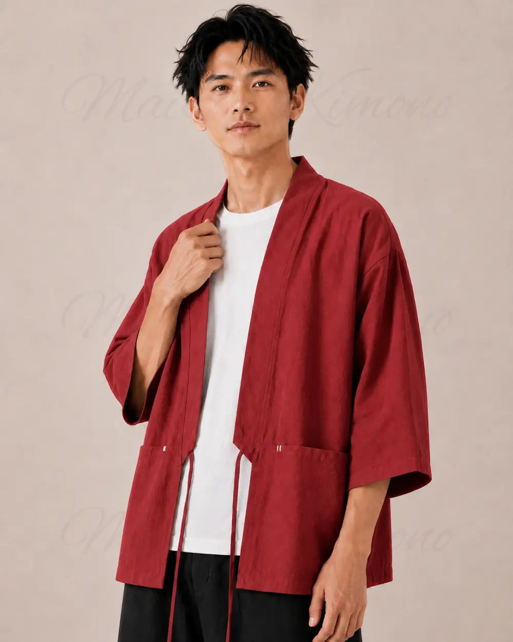 veste kimono lin homme rouge japonais
