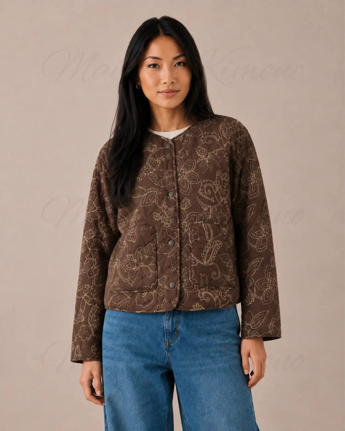 veste kimono matelassee femme coton marron fleuri
